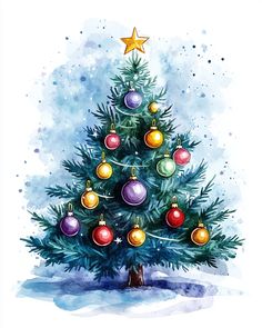 a watercolor painting of a christmas tree with colorful ornaments on it's branches