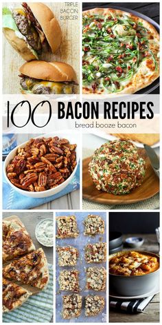 the cover of 100 bacon recipes with pictures of different types of food and ingredients in it