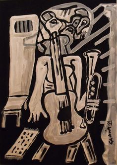 a drawing of a man with musical instruments