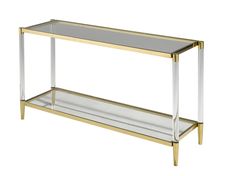 a gold and glass console table with two shelves on one side, against a white background