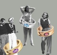 three women in different outfits with rings on them