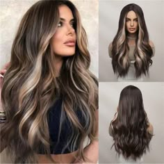 Questions? Leave A Comment Below! Dark Brown With Blonde, Highlight Wigs, Brown With Blonde, Pink Blonde, Brown With Blonde Highlights, Ombre Purple, Blonde Highlight, Wavy Wigs