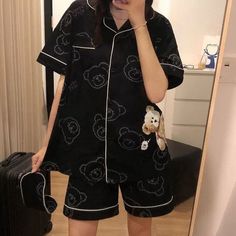 Cute Night Outfits, Kawaii Pajamas, Egirl Clothes, Black Pajamas