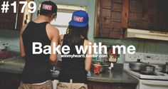 two people standing in a kitchen with the words bake with me on their backs