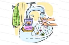 a drawing of someone washing their hands under the faucet with soap and water