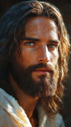 a man with long hair and blue eyes wearing a white robe is looking at the camera