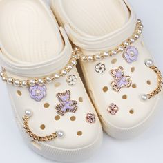 Flower shoe charm set, Purple Crocs charm set, Bear Shoe Charm , Shoe Charm with Chains For more items in our shop, please visit the link below:  https://www.etsy.com/au/shop/Abelsworld?ref=seller-platform-mcnav If you have any questions feel free to contact us. Crocs With Charms, Purple Crocs, Crocs Charm, Flower Shoes, Decorated Shoes, Diy Shoes, Charm Set, Shoe Charms, Pearl Chain