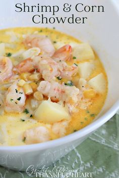 Make a pot of delicious shrimp and corn chowder with tender potatoes in a lovely, buttery broth.  It is an easy recipe and a great seafood soup. Corn Chowder With Potatoes, Shrimp And Corn Chowder, Shrimp And Corn Soup, Shrimp Corn Chowder, Seafood Tacos, Shrimp Soup Recipes, Shrimp Chowder