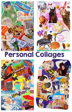 the collages are made up of many different pictures and words, including cats