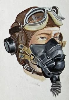 a drawing of a man wearing a gas mask with goggles and a helmet on his head