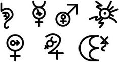 zodiac signs and symbols are drawn in black ink