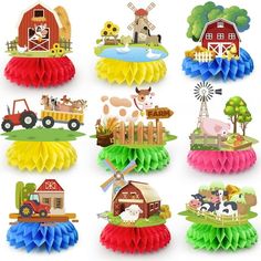 many farm animals and farm scenes are depicted in this paper cutout set, including barnyards