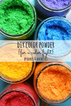 several different colored powders in glass containers with the words diy color powder for a rainbow effect