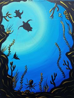 an underwater scene painted with acrylic paint on canvass, including seaweed and turtle silhouettes