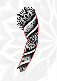 a black and white tattoo design with red accents