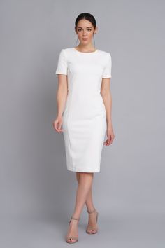 A minimalist dress featuring pencil silhouette, short sleeves, and a midi length. - scoop neck - fitted sheath silhouette - short sleeves - princess seams - midi length - concealed back zipper closure - fully lined The outer fabric : 40% viscose, 55% polyester, 5% elastane. The lining : 57% Viskose, 35% polyester, 8% elastane. Care: cold hand wash with similar colour. Please choose from our measurements chart your dress size, or write us your body measurements, we then select the right size for White Short Sleeve Midi Dress For Formal Occasions, White Short Sleeve Formal Midi Dress, Fitted Short Sleeve Midi Dress For Wedding, Fitted Midi Dress With Short Sleeves For Wedding, Elegant White Cap Sleeve Dress, White Short Sleeve Midi Dress For Work, White Short-sleeved Bodycon Midi Dress, Elegant White Fitted Short Sleeve Dress, White Fitted Short Sleeve Elegant Dress