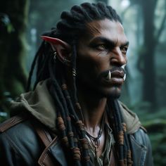 a man with dreadlocks and an elf's nose ring in the woods