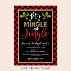 a christmas party card with the words let's mingle and jingle on it