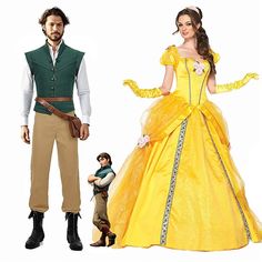 the beauty and the beast costumes are on display in front of a man with a beard