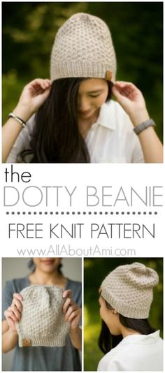 the dotty beanie free knitting pattern is shown in three different pictures, including one with