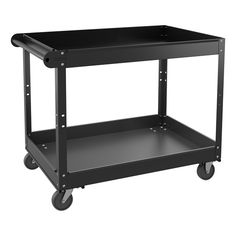 a black cart with wheels and two shelves