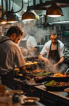 two men cooking food in a kitchen with lights hanging from the ceiling and on the counter