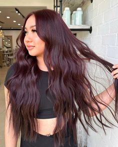 Dimensional Wine Red Hair, Dark Hair Color Ideas Pale Skin, Deep Burgundy Brown Hair Color, Dark Chocolate Red Hair Color, Bellami Mulberry Wine Hair, Deep Red Violet Hair Color, Intense Cherry Red Hair, Cherry Cola Hair Formula, Dark Red Hair With Black Roots