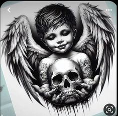 a drawing of a child with angel wings and a skull on it's chest