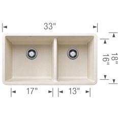 double bowl kitchen sink with measurements for the top and bottom, shown from front to back