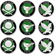 six golf club emblems with birds on them