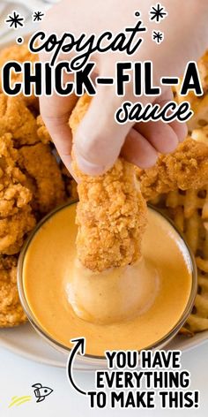 the chicken - fil - a sauce is being drizzled onto waffles