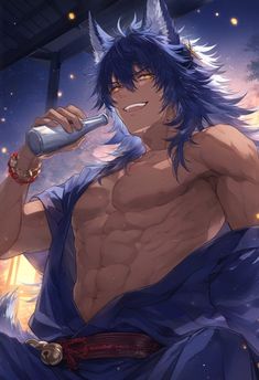 an anime character with blue hair holding a bottle in his right hand and looking at the camera