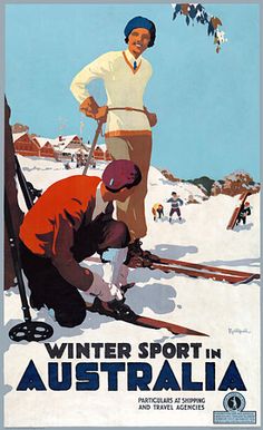 an advertisement for the winter sport in australia shows two men on skis and one is bending down