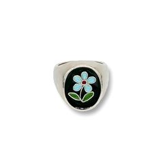 Silver & Enamel Ring - This sterling silver signet ring was hand-carved in wax and then cast in sterling silver. The flower was created using the cloisonne technique then enameled and kiln-fired multiple times to achieve the desired result. This one-of-a-kind ring is a size 6.25. Oval Enamel Ring For Gift, Oval Enamel Signet Ring As Gift, Oval Enamel Ring With Polished Finish, Silver Sterling Enamel Ring With Black Enamel, Elegant Silver Enamel Ring, Sterling Silver Enamel Ring With Inlay For Gift, Unique Sterling Silver Enamel Ring, Oval Enamel Signet Ring For Gift, Silver Flower Enamel Ring As A Gift