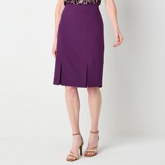 Elevate your wardrobe with this royal plum women's suit skirt from Black Label by Evan-Picone, designed to offer a sleek and polished look for the office or formal events. Made from stretch-crepe in a classic-fit, it features a flat front, a knee-length with kick pleats at the front and back, and a side zip. Wear it with a matching suit jacket and a blouse for a cohesive look.Front Style: Flat FrontClosure Type: ZipperFit: Classic FitRise: At WaistApparel Length: 25 InchesFiber Content: 97% Poly Womens Suit, Skirt Purple, Kick Pleat, Stretch Crepe, Black Label, Polished Look, Formal Event, Suits For Women, Side Zip