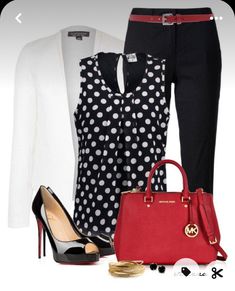 Work Office, Office Outfits, Work Fashion, Work Casual, Business Fashion, White Polka Dot, Polyvore Fashion