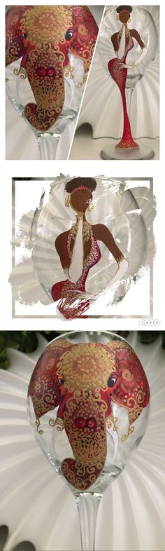 three pictures of a wine glass with an image of a woman in red and gold on it