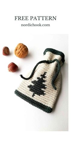 a crocheted bag with nuts on it and the words free pattern next to it