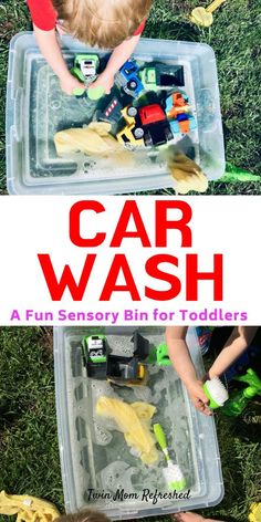 two children playing with cars and toys in an open plastic container on the grass, text overlay reads car wash a fun activity for toddlers