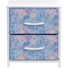 a blue and pink drawer with two drawers on each side, one has white handles