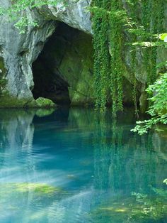 the water is blue and clear with green plants hanging from it's sides in front of a cave