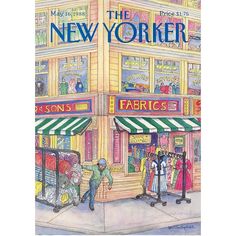 the new yorker magazine cover shows people walking in front of storefronts with awnings