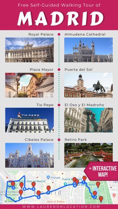 the tour map for madrid, spain with pictures of different buildings and streets on it