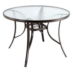 an outdoor table with glass top and metal frame, shown from the front view on a white background