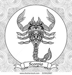 the zodiac sign scorpio on a white background with an ornamental pattern and ribbon