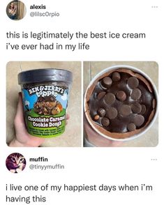 an ice cream with chocolate chips in it and the caption says, i live one of my happiest days when i'm having this