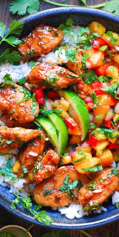 Cilantro-Lime Chicken Bowls with Peach Salsa and Rice in a blue bowl Honey Lime Chicken Bowl, 30 Minute Healthy Meals, Medeteranian Bowl Recipes, Summer Rice Recipes, Whole 30 Dinners For Family, One Pot Summer Dinners, Couscous Bowl Recipes, Summer Protein Meals, Whole Foods Dinner Recipes