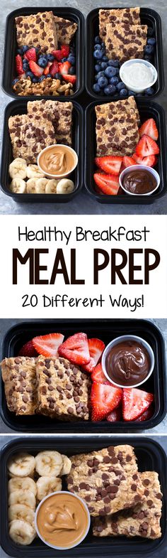 healthy breakfast meal prepped in plastic containers with fruit and dips on the side