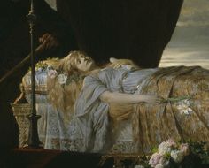 a painting of a woman laying on a bed next to a man with a cane