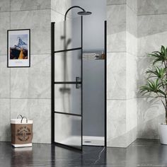 an open shower door in a bathroom next to a potted plant